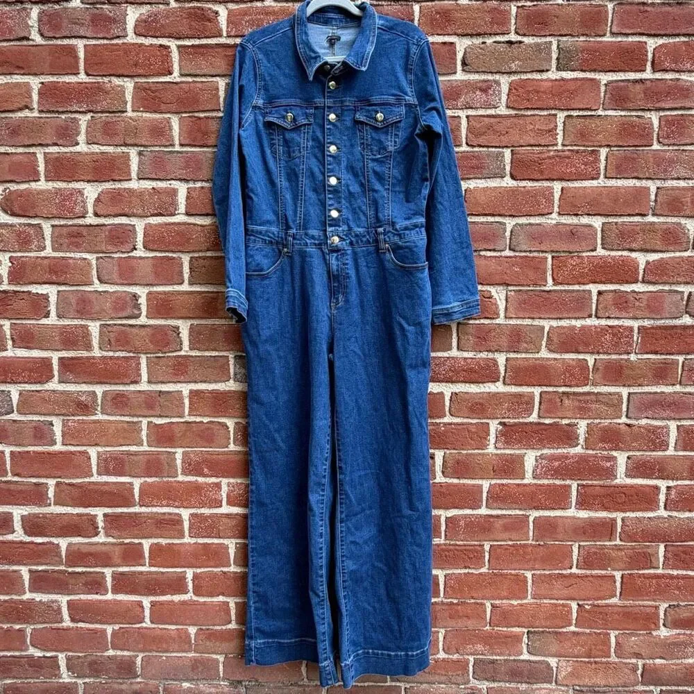Express Stretch Denim Long Sleeve Button Front Wide Leg Jumpsuit Blue L NEW - Picture 2 of 16